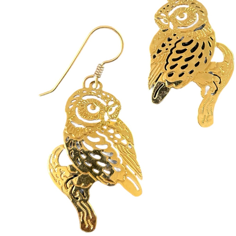 Vintage Wild Bryde 14k gold plated shiny lasercut perforated owl drop earrings